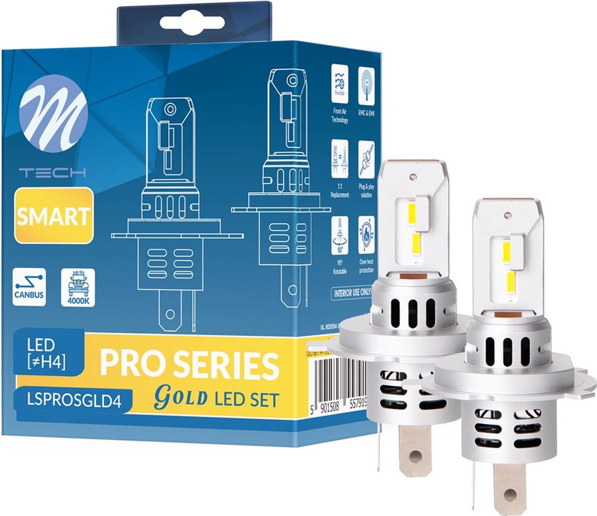 M-tech h4 LED - canbus - jaune - lot de 2 - éclairage LED jaune