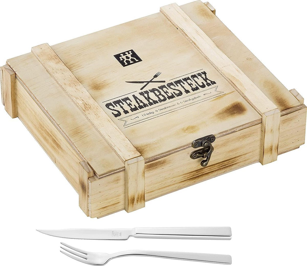 Ensemble de couverts à steak Zwilling - 12 pièces - dans une boîte en bois rustique - acier inoxydable