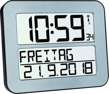 Tfa dostmann 60.4512.54 - horloge - numérique - radiocommandée - 7 langues - deuxième heure - alarme - snooze - LCD - couleur argent