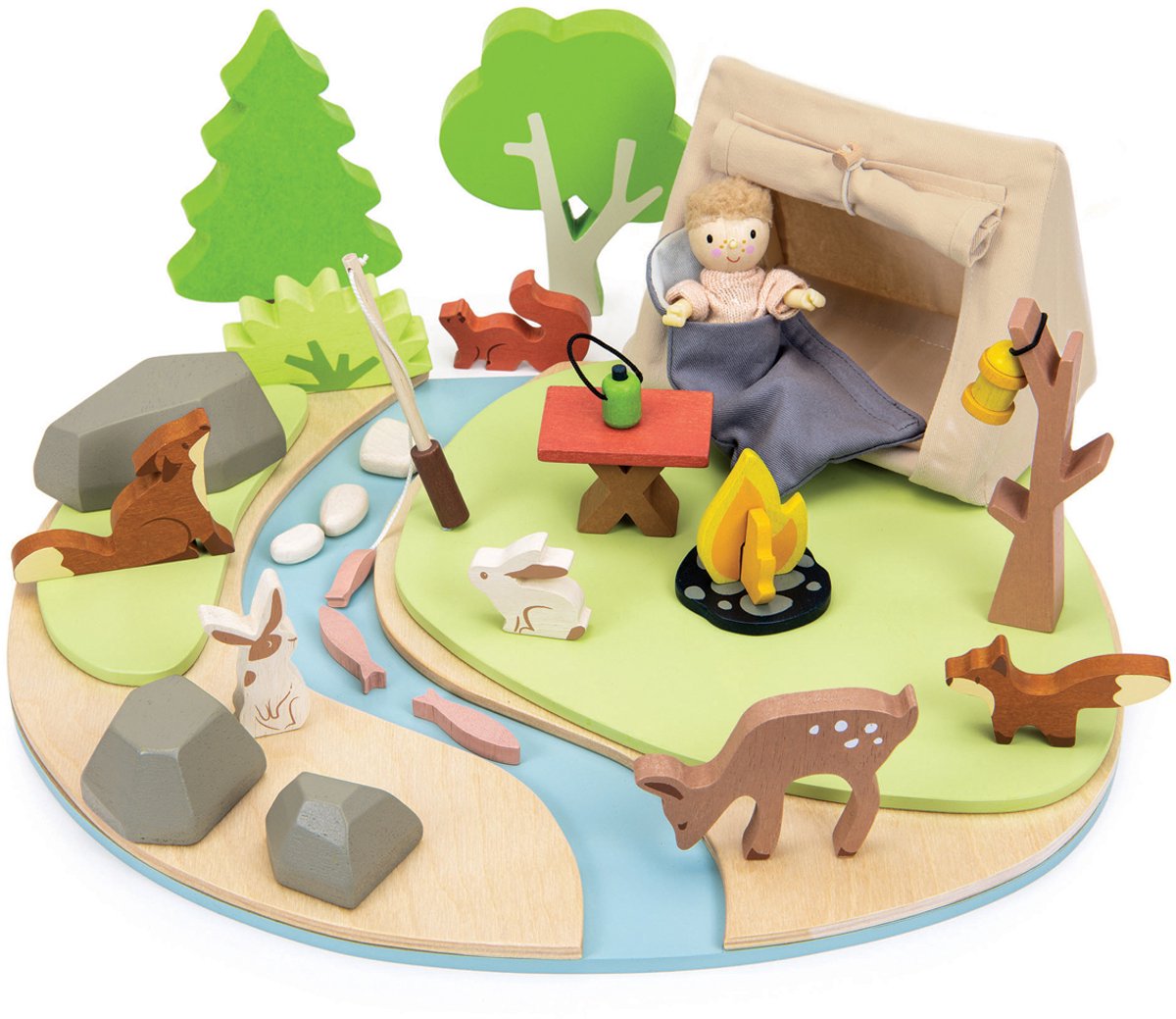 Ensemble de camping à feuilles tendres jouets en bois - aventure de camping pour les enfants.