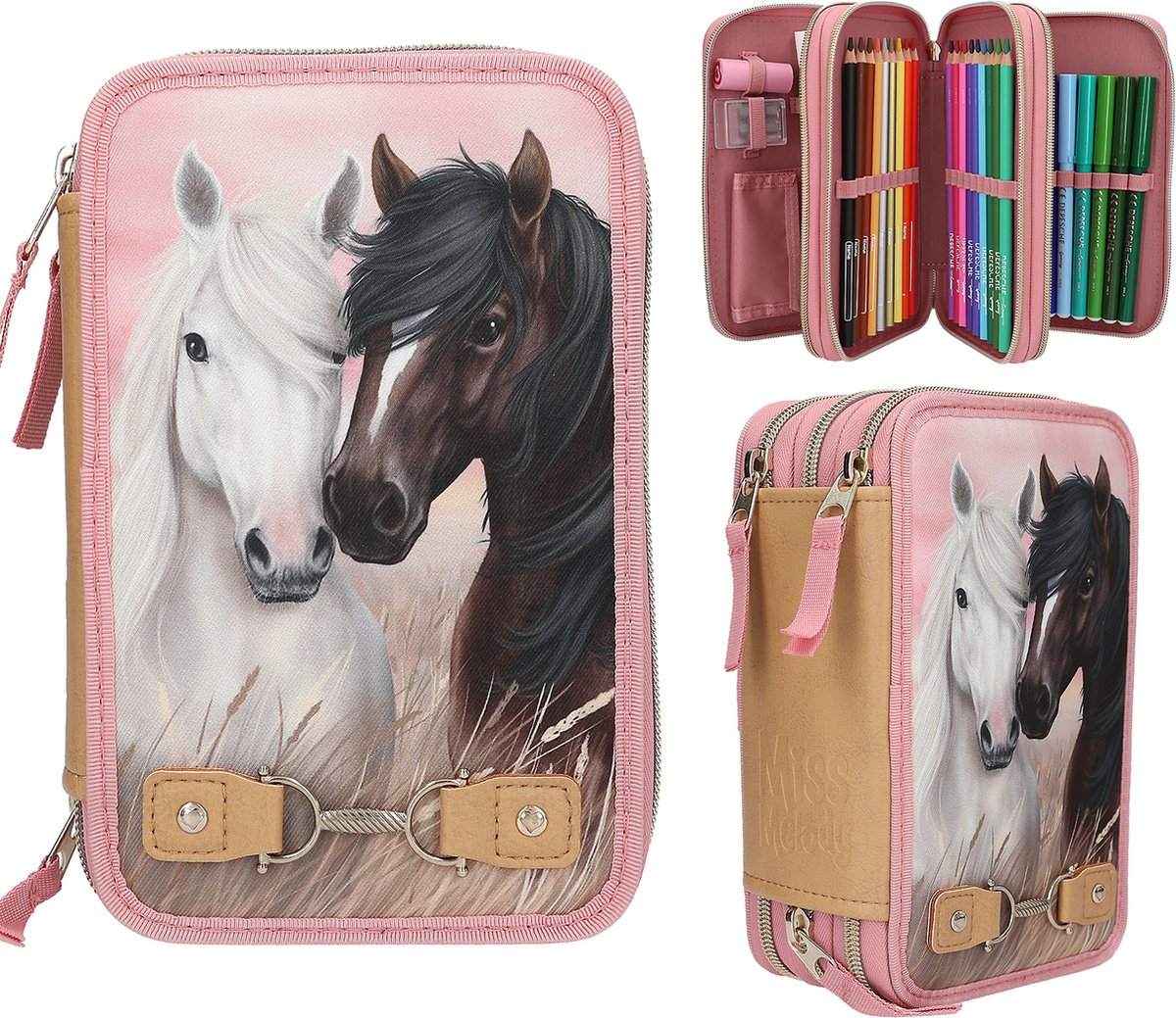 Depesche - trousse à crayons 3 compartiments miss melody - vieux rose