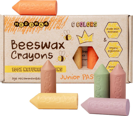 Crayons de cire d'abeille Medenka ® pastel junior - crayons de dessin écologiques et sûrs pour enfants - en cire d'abeille pure - prise souple pour les petites mains - couleurs pastel - composition naturelle durable