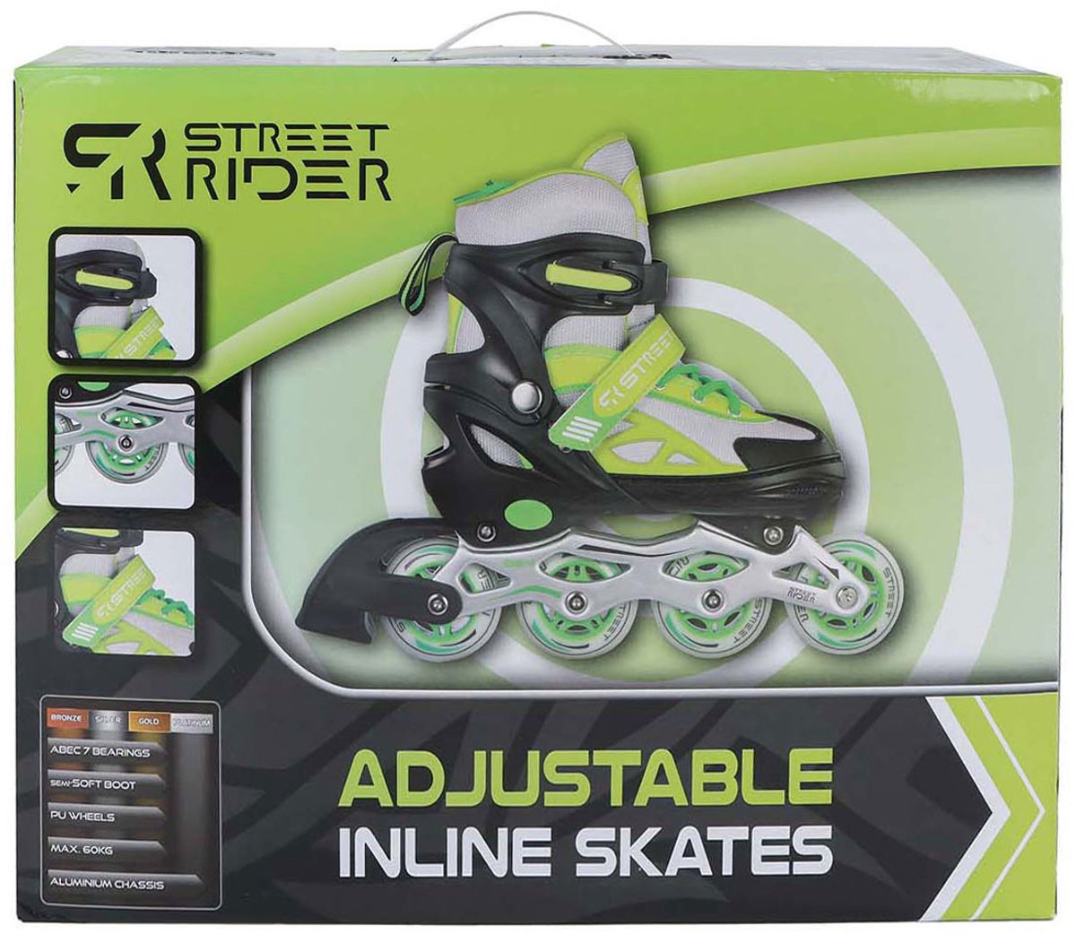 Patins à roues alignées Street Rider vert noir réglables, taille 29-32