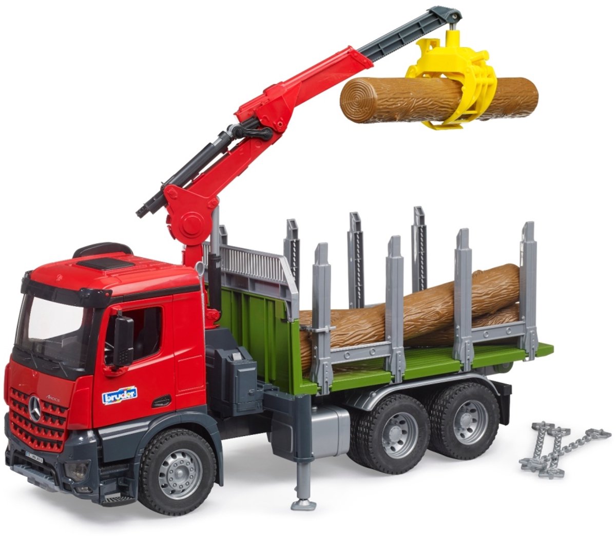 Camion forestier Bruder Mercedes-Benz Arocs avec bras de grue et 3 troncs d'arbres