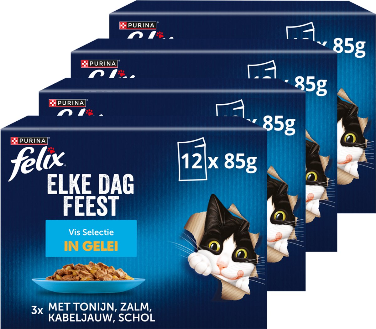 Felix Every Day Party Fish Selection en gelée - nourriture humide pour chat - thon saumon morue plie - 48 x 85 g