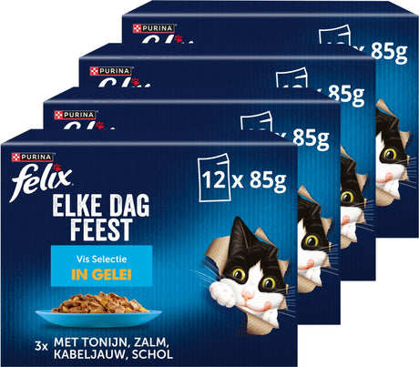 Felix Every Day Party Fish Selection en gelée - nourriture humide pour chat - thon saumon morue plie - 48 x 85 g