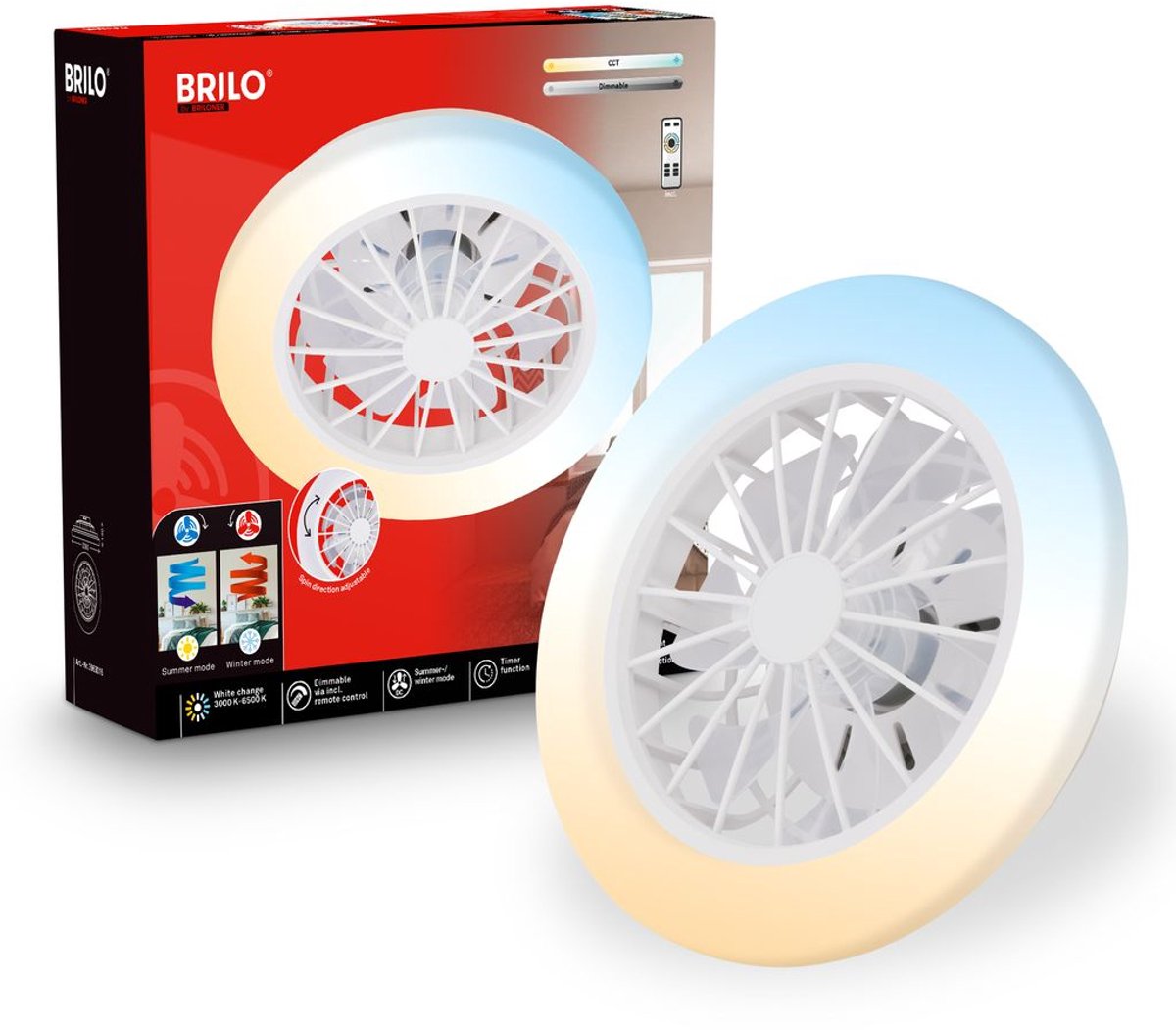 Briloner pafo - ventilateur de plafond avec éclairage - plafonnier LED avec ventilateur - dimmable - 5 vitesses - lampe ventilateur mode été et hiver - CCT - ø38 cm - blanc