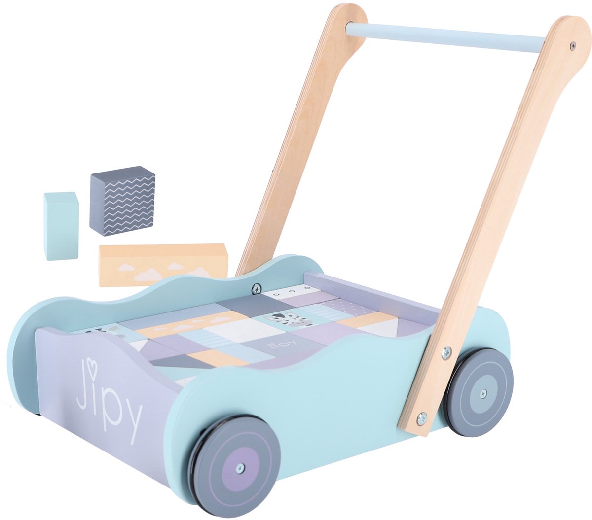 Chariot à blocs en bois Jipy avec blocs en bois brut