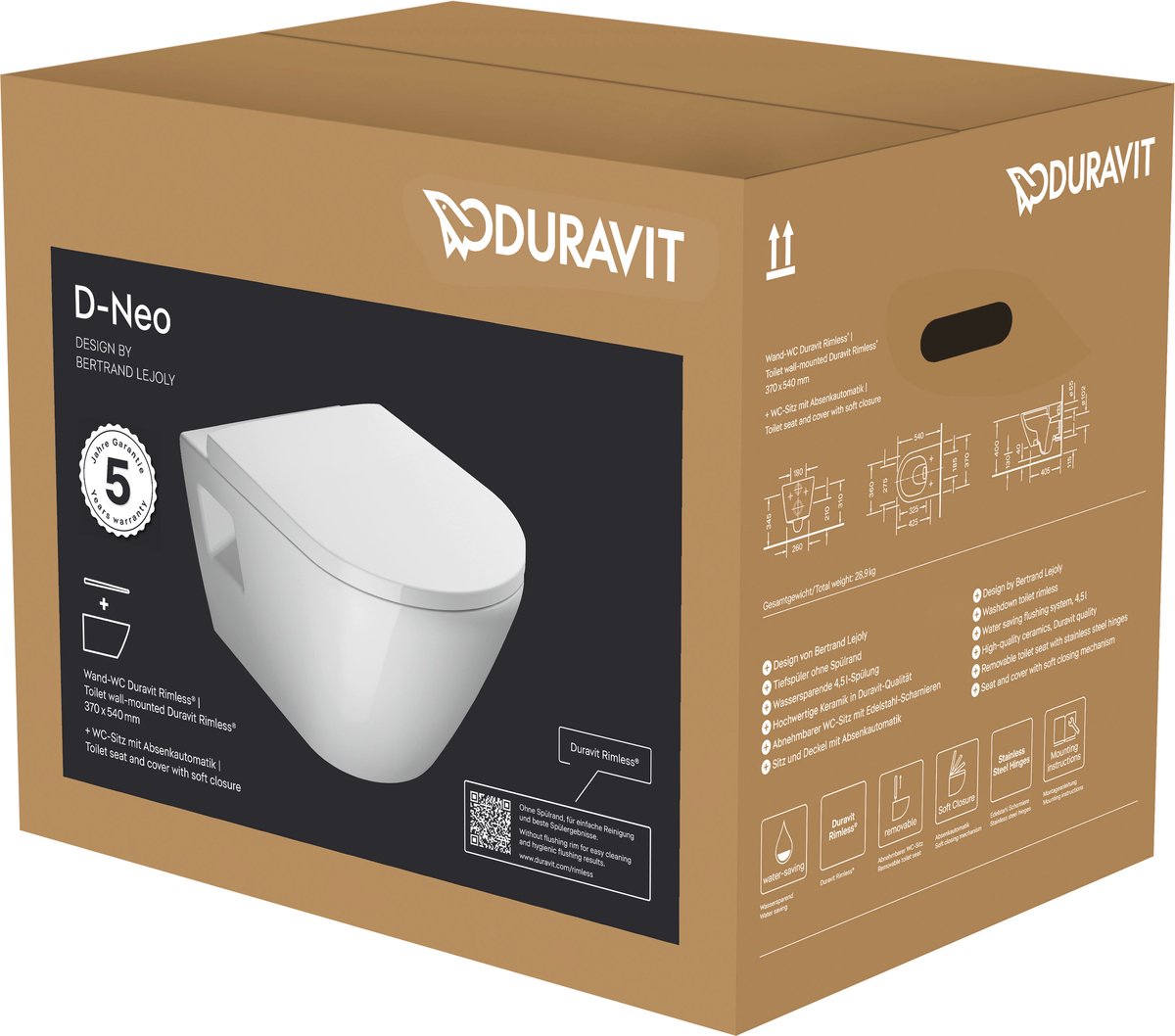 Duravit d-neo pack toilette mural 37x54x40cm blanc brillant