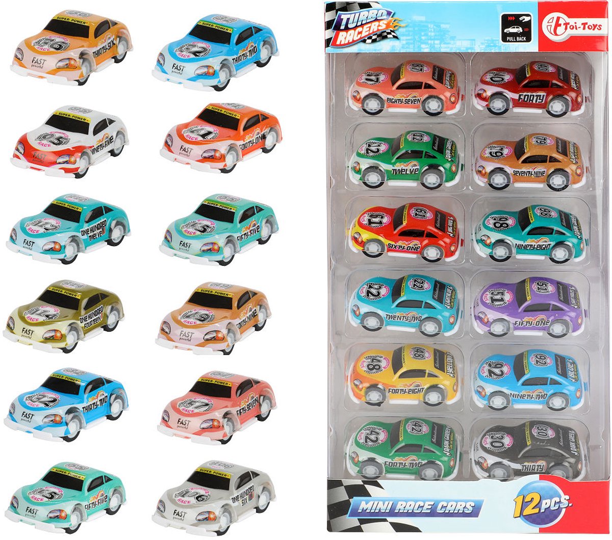 Toi-toys turbo racers retirent les voitures de course, 12 pcs.