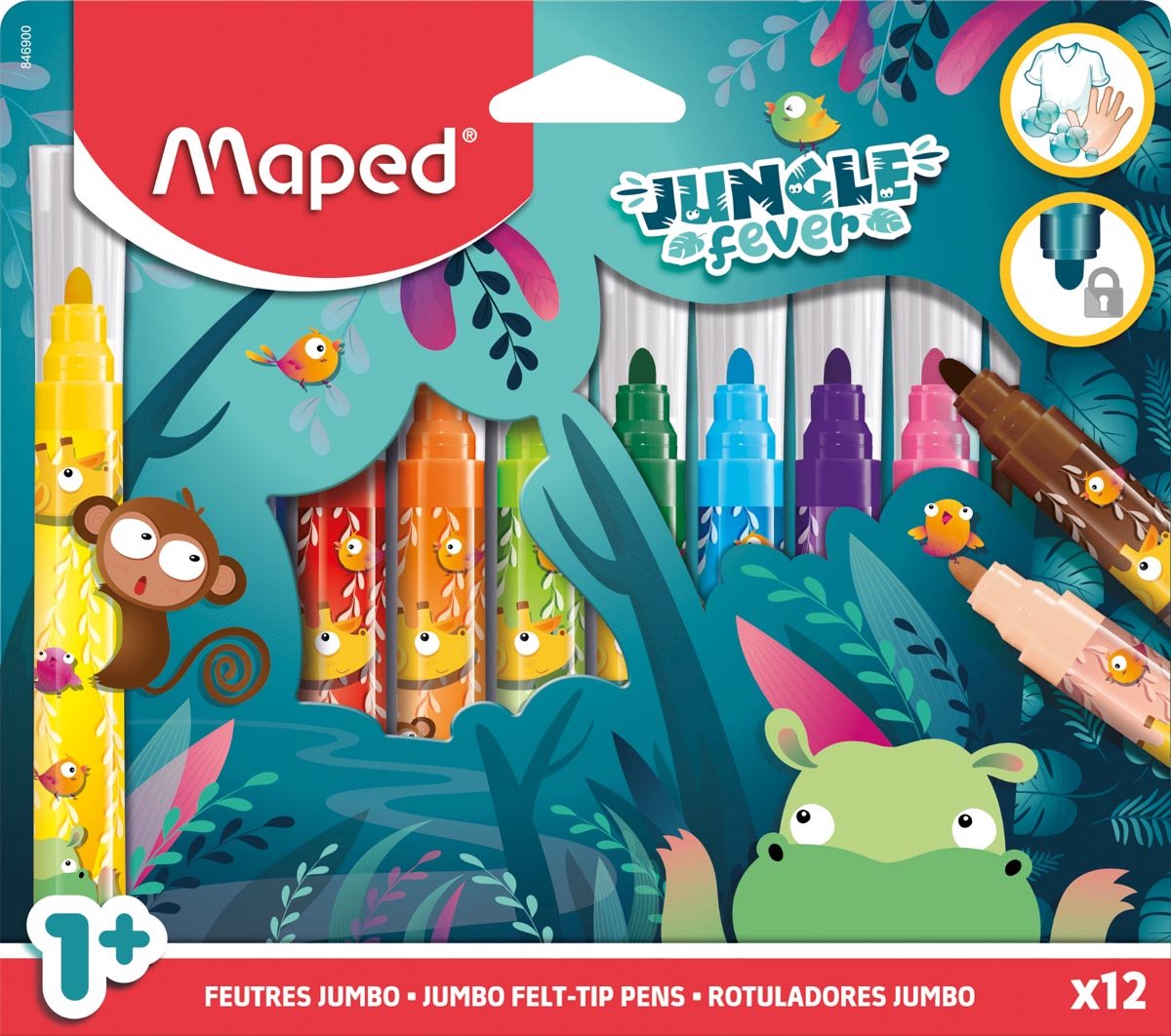 Maped – stylo-feutre de bureau, ensemble jumbo de fièvre de la jungle, 12 couleurs