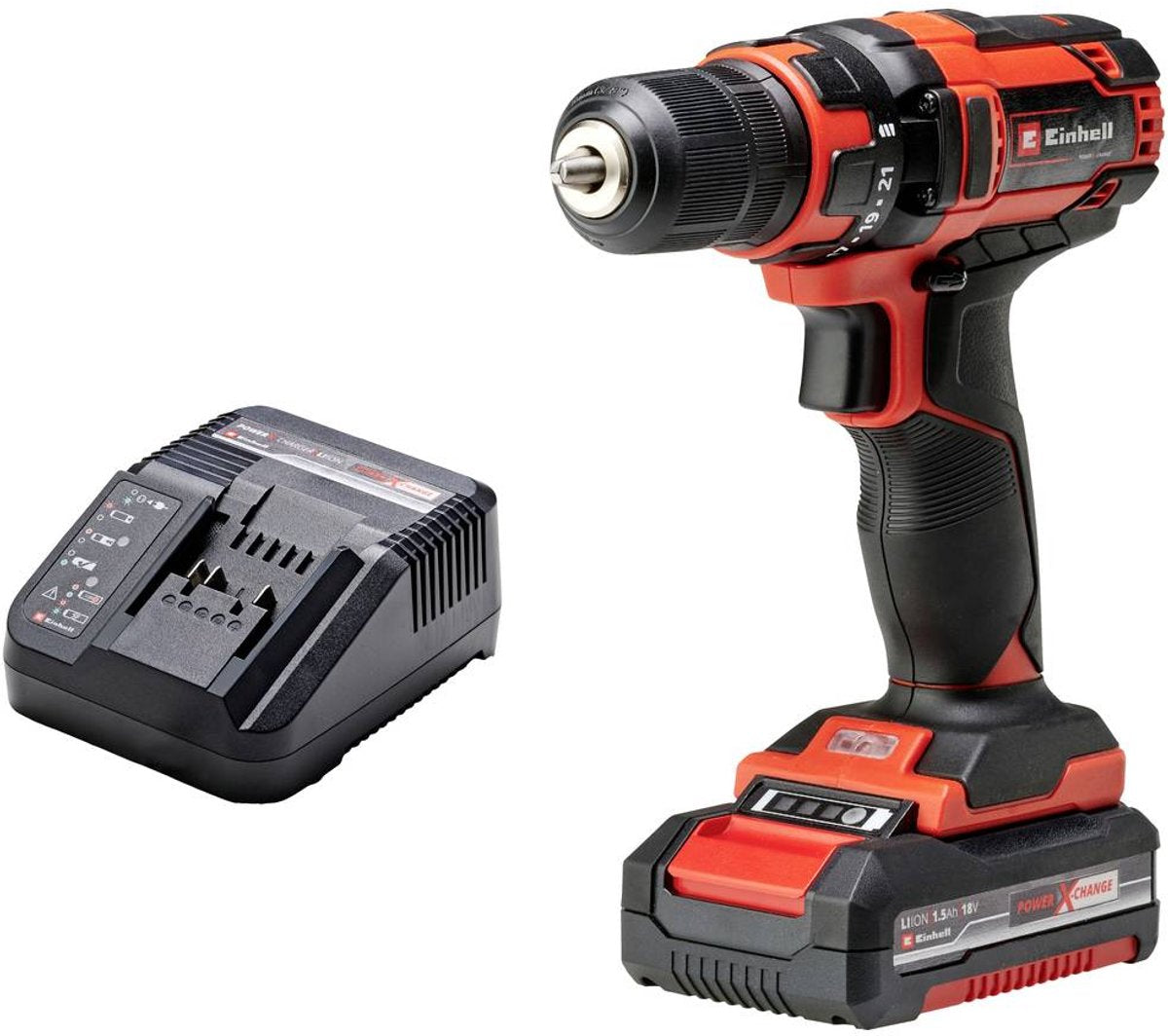 Kit perceuse/visseuse sans fil Einhell TC-CD 18 35 li - power x-change - 18 v li-ion - 35 nm - 0-550 tr/min - mandrin sans clé 10 mm - contrôle électronique de la vitesse - incl. 1x batterie 1,5 Ah et chargeur