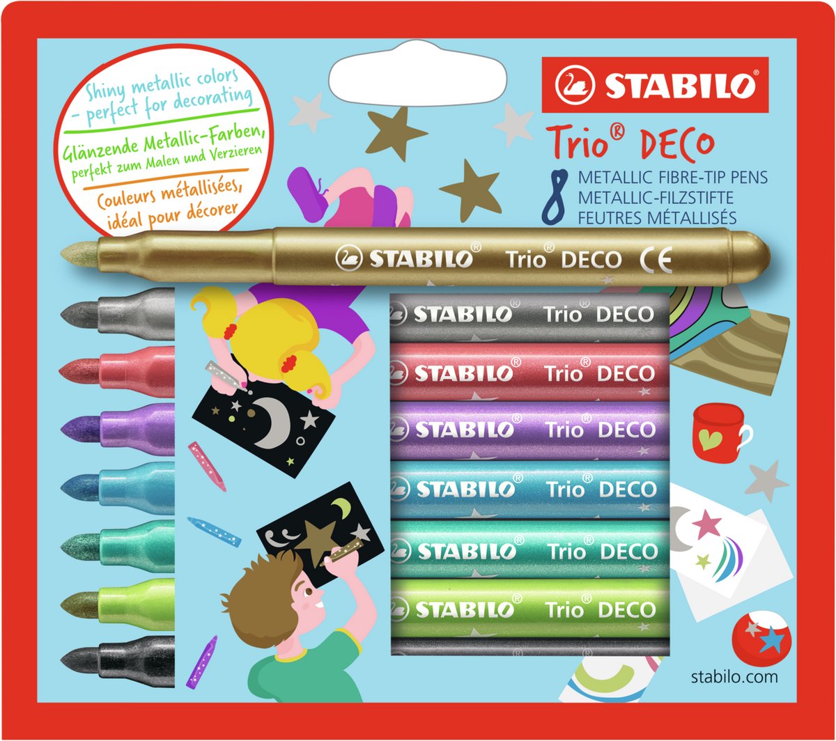 Stabilo trio déco - feutre métallique - avec pointe extra épaisse 3,0 mm - étui de 8 couleurs