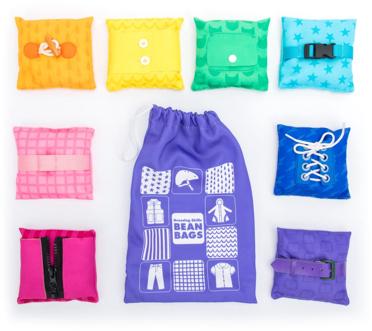 Ressources d'apprentissage jouets éducatifs - compétences d'habillage des poufs multicolores. - 3+