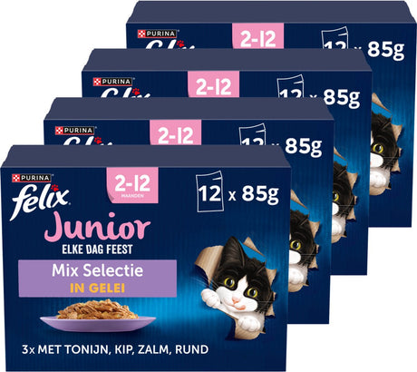Felix Every Day Party in Jelly Junior Mix Selection - Nourriture humide pour chat - Thon Saumon Bœuf Poulet - 48 x 85 g