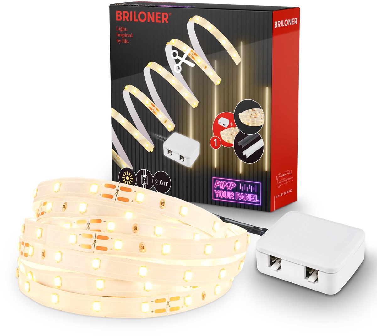 Briloner Pimp Your Panel - Kit de démarrage pour bande LED 2,6 m - 8018147 - Kit de base WW - Pimp Your Panel - Driver - Câble interrupteur - Autocollant - 262,5 x 1 cm