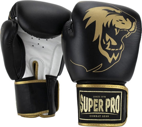 Super pro combat gear warrior se lederen (kick)bokshandschoenen zwart goud wit 16oz