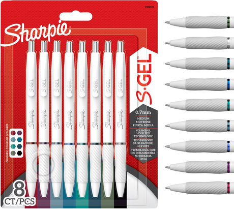 Gel Sharpie | stylos gel pour écrire | pointe moyenne (0,7 mm) | diverses couleurs d'encre | boîtier en perles blanches | 8 pièces
