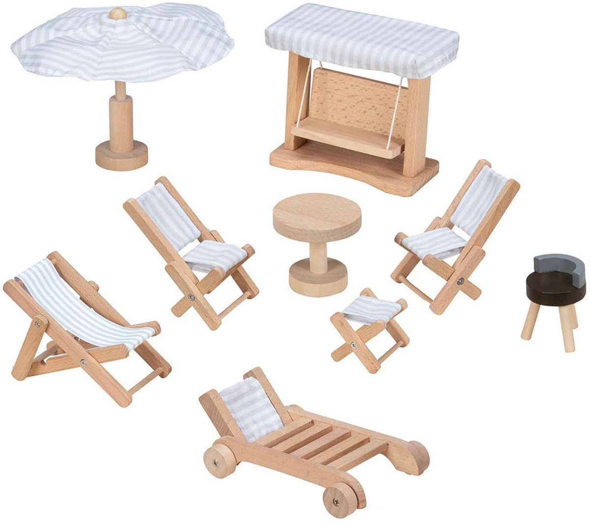 Meubles pour maison de poupée Goki : salon de jardin, 9 pièces, balançoire h10,5cm, bois et textile, 3+
