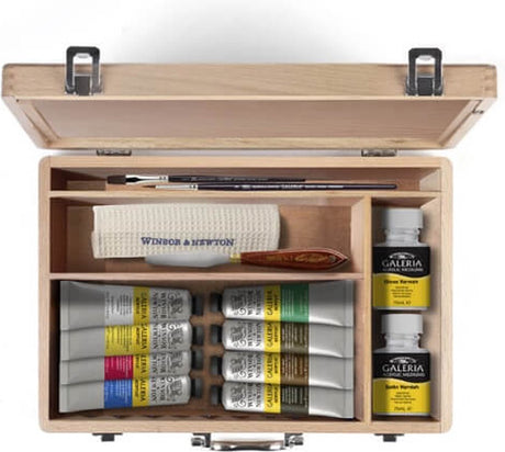 Winsor Newton 2190614 Galeria Set de peinture acrylique Boîte en bois de luxe – 15 pièces – avec chevalet et accessoires pour pinceaux