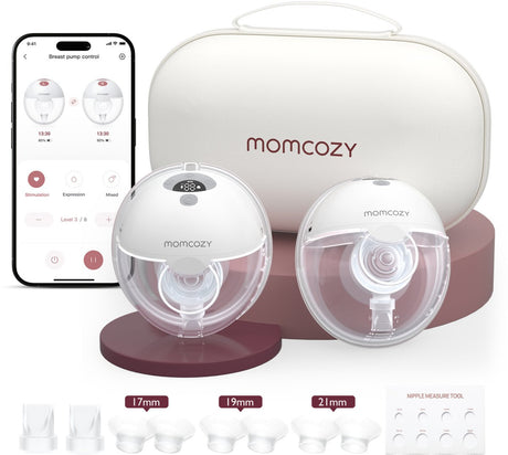 Momcozy m5 smart – tire-lait mains libres – 2 pièces – électrique – silencieux compact – avec inserts de téterelle – blanc gris