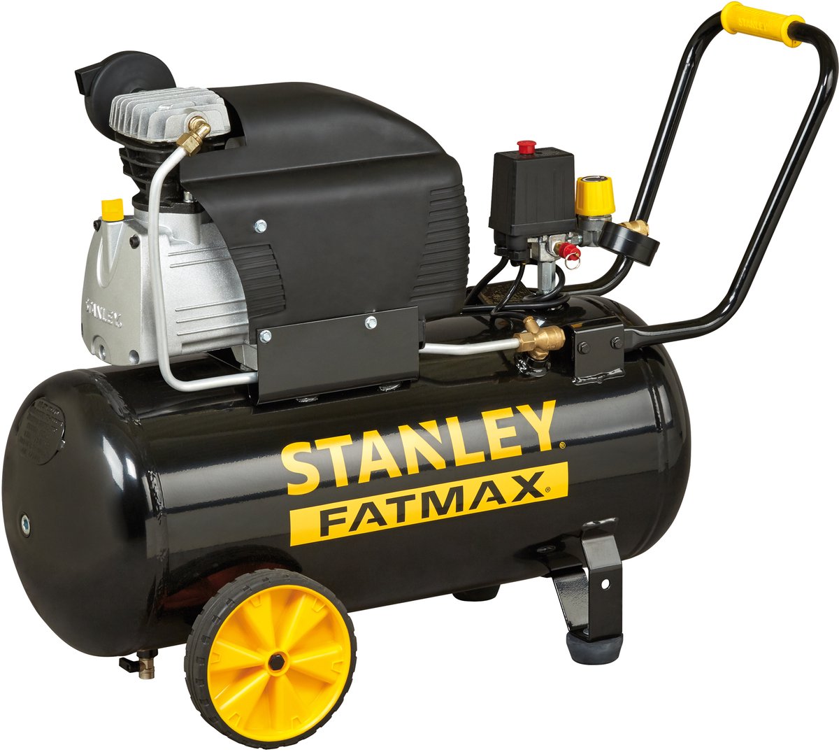 Compresseur Stanley Fatmax, 50 litres, 10 bars, lubrifié à l'huile, modèle horizontal, 2,5 CV, débit d'air min 240 l, portable, noir jaune, adapté au gonflage et aux outils pneumatiques