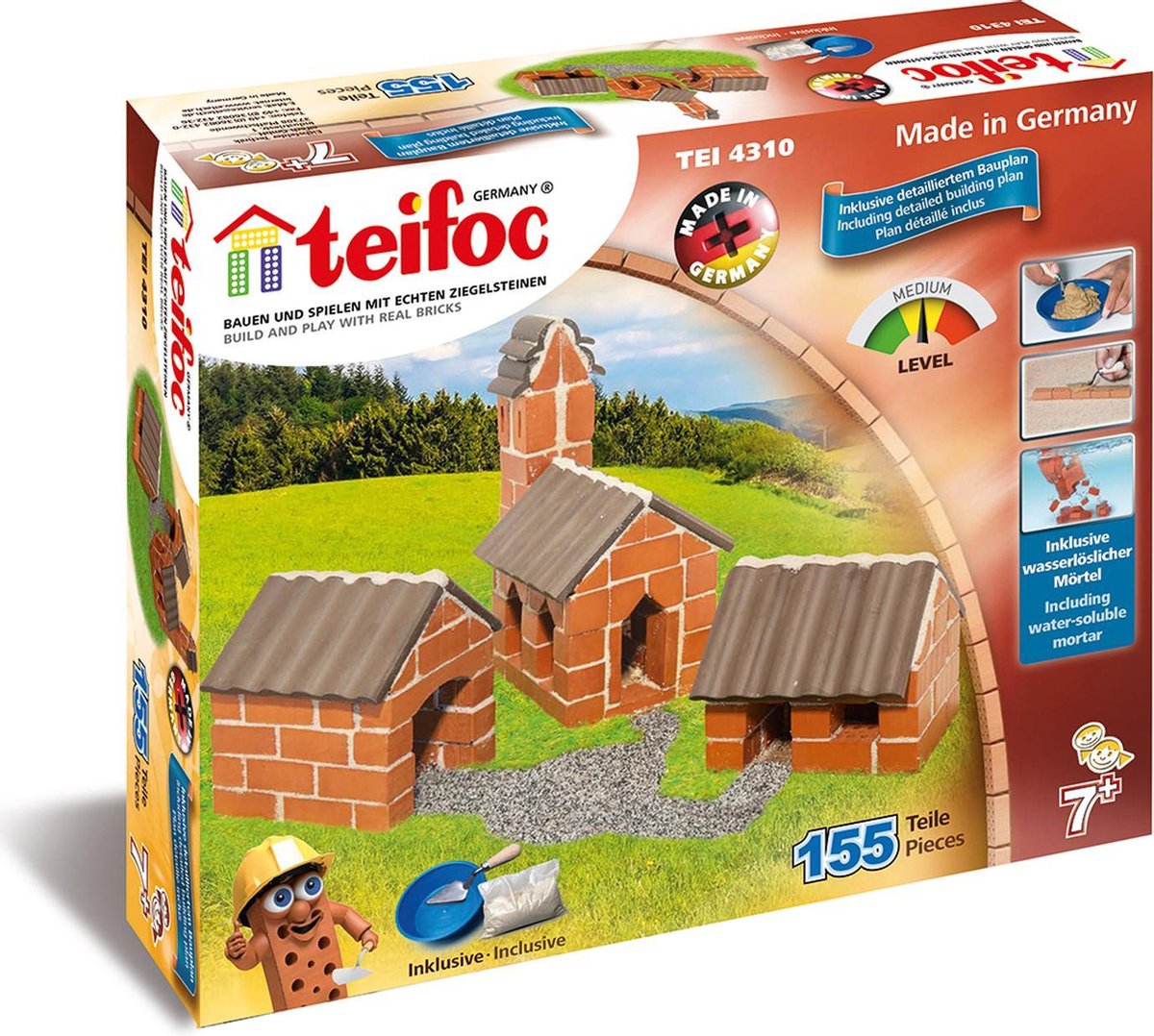 Kit de construction Teifoc ® – village – 155 pièces – véritables mini briques avec ciment, bol et truelle – kit de construction pour enfants à partir de 6 ans