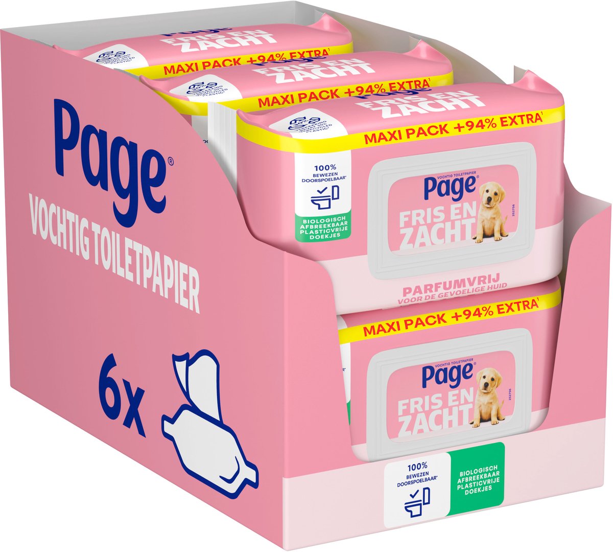 Papier toilette humide Page ® - frais et doux (sensible) maxi - sans parfum - 444 feuilles - 6 x 74 pièces