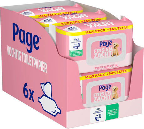 Papier toilette humide Page ® - frais et doux (sensible) maxi - sans parfum - 444 feuilles - 6 x 74 pièces