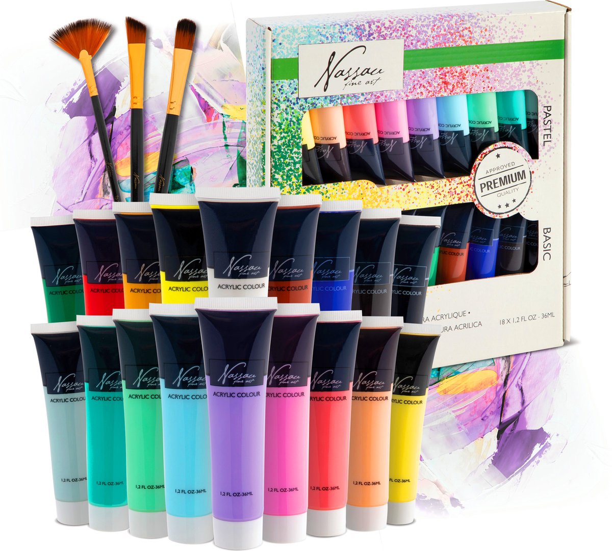 Nassau fine art hobby paint ensemble de peinture acrylique 18 pièces - tubes de peinture 36 ml - peinture acrylique enfants et adultes - 9 pastel 9 couleurs de base - peinture pour travaux manuels pour enfants - ensemble de peinture pour enfants