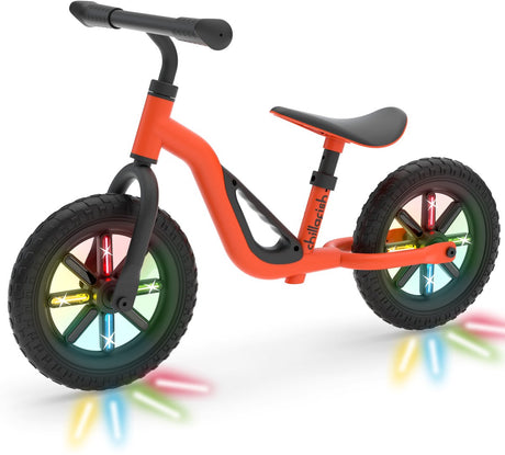 Draisienne Chillafish 2 ans avec roues LED lumineuses - légère avec selle et guidon réglables - orange - draisienne pour garçons et filles jusqu'à 4 ans avec poignée de transport et 10 pneus anti-crevaison - pas besoin de piles - modèle Charlie Glow