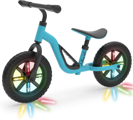 Draisienne Chillafish 2 ans avec roues LED lumineuses - légère avec selle et guidon réglables - bleu - draisienne pour garçons et filles jusqu'à 4 ans avec poignée de transport et 10 pneus anti-crevaison - pas besoin de piles - modèle Charlie Glow