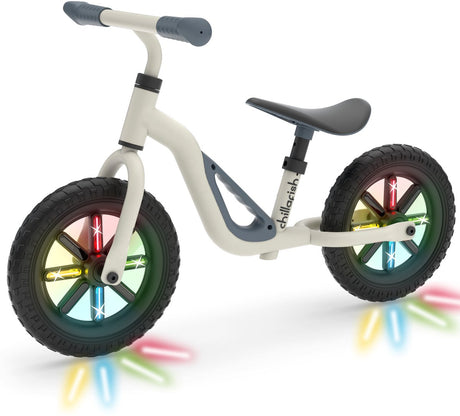 Draisienne Chillafish 2 ans avec roues LED lumineuses - légère avec selle et guidon réglables - beige - draisienne pour garçons et filles jusqu'à 4 ans avec poignée de transport et pneus anti-crevaison - pas besoin de piles - modèle Charlie Glow