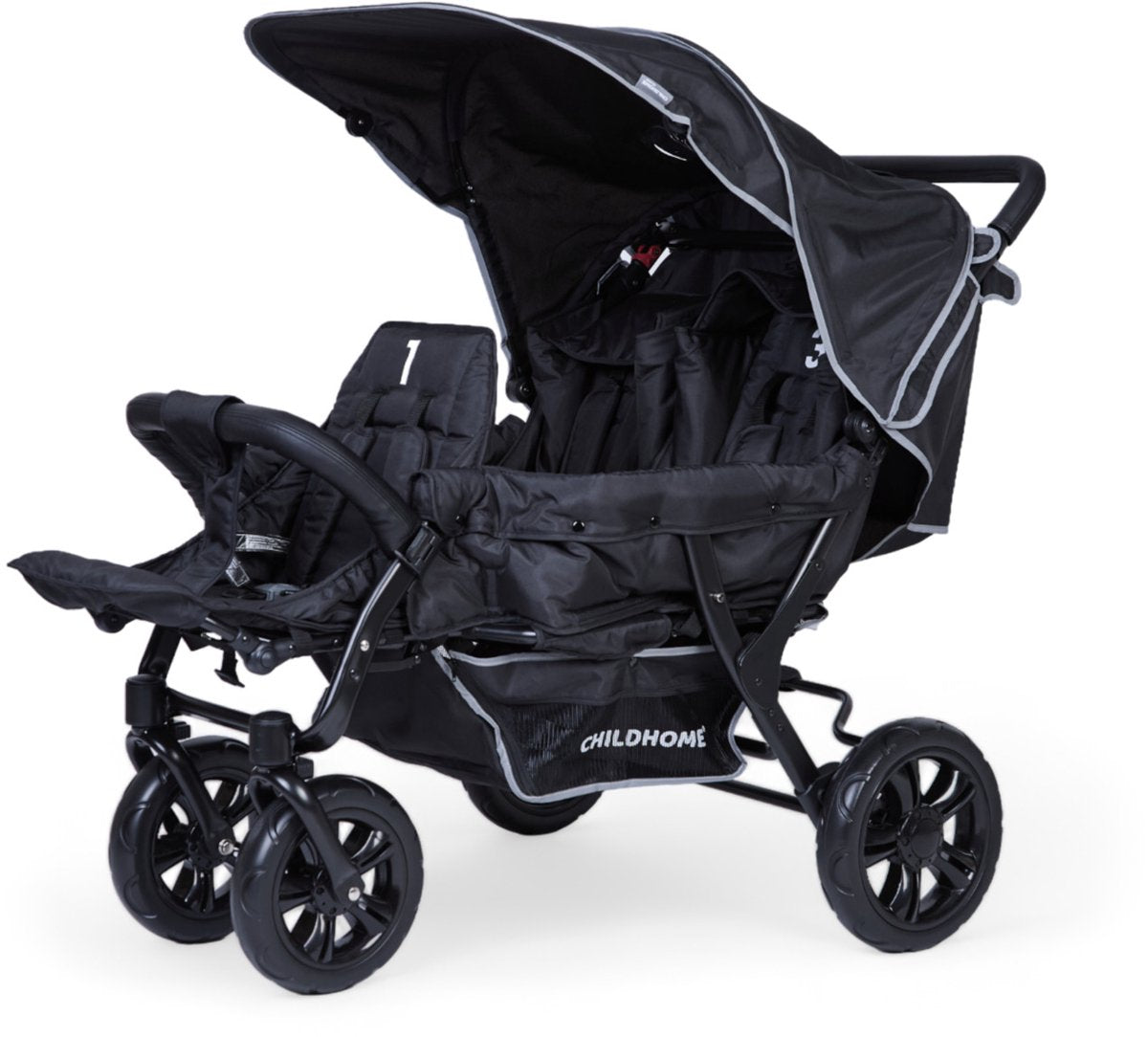 Poussette triple Childhome – 3 places – noire – avec pare-pluie et pare-soleil – 132x85x104 cm