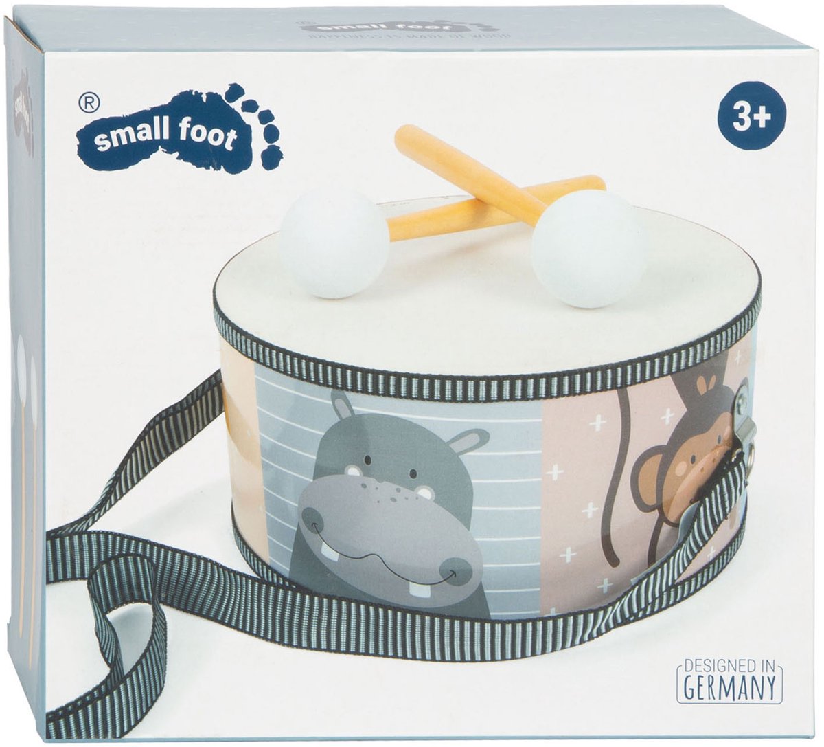 Petit pied - tambour en bois animaux sauvages avec des bâtons, 3dlg.