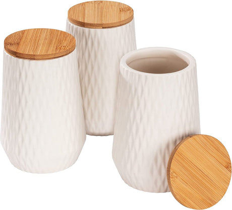 Wenko Pot de Rangement Diamant, Ensemble Moderne de 3 Pots en céramique avec Couvercle en Bambou et élégante Structure en Diamant pour la Cuisine ou ailleurs dans la Maison, Chacun d'une capacité de 0,6 litre, Blanc Marron