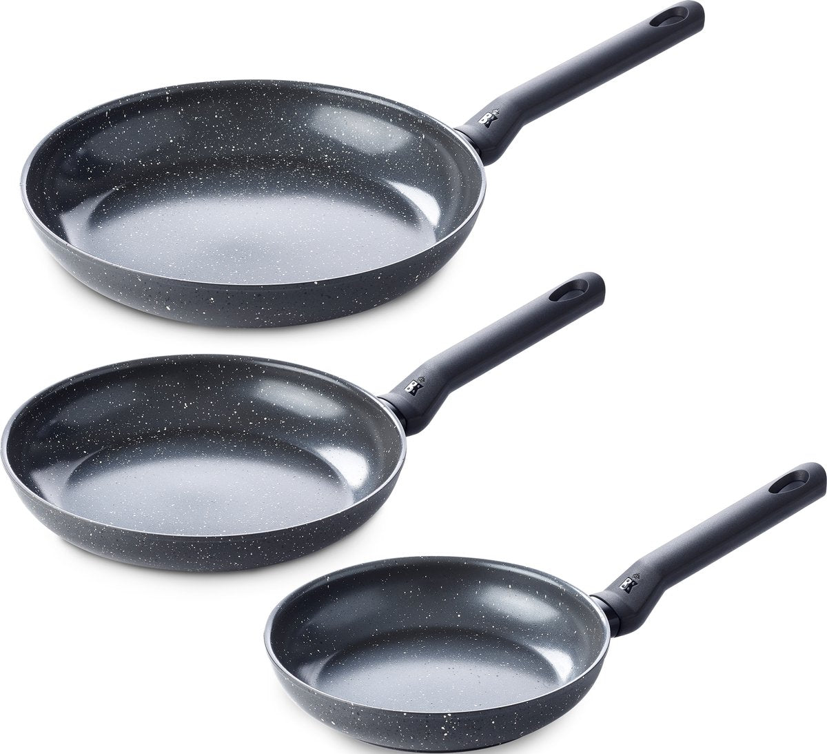 Set de poêles BK Universe 3 pièces - 20 24 28 cm - revêtement antiadhésif sans PFA - set de poêles à induction - poêle en céramique - passe au four jusqu'à 160°c - poignée froide - granit noir