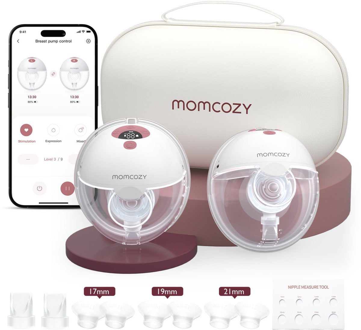 Momcozy m5 smart – tire-lait mains libres – 2 pièces – électrique – silencieux compact – avec inserts de téterelle – blanc rouge