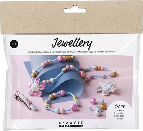 Creativ company mini hobby set bijoux, collier, bracelet, clips, broche, bleu, bleu clair, rose pastel, 1 boîte