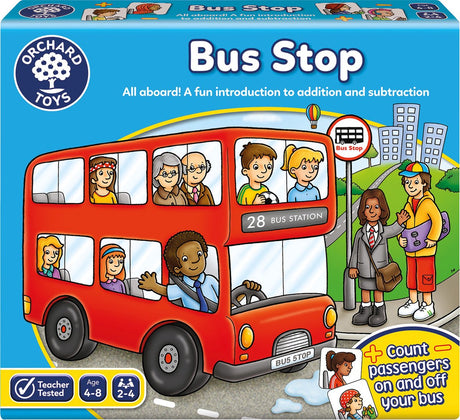 Jouets du verger - arrêt de bus - jeu de mathématiques avec bus - laissez monter et descendre les passagers - sommes d'addition et de soustraction - à partir de 4 ans