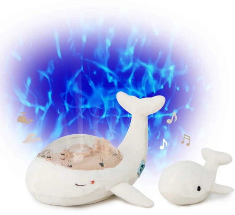 Projecteur musical familial blanc pour bébé baleine tranquille Cloud b avec 3 piles AA et bébé baleine