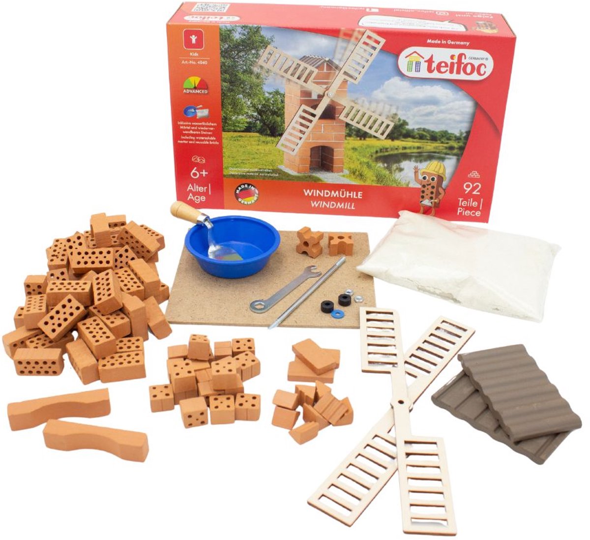 Coffret de construction Teifoc ® – Kit de construction moulin à vent – 100 pièces – Véritables mini briques avec ciment, bol et truelle – Kit de construction pour enfants à partir de 6 ans