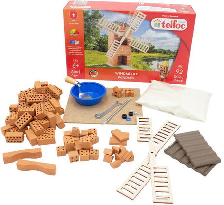 Coffret de construction Teifoc ® – Kit de construction moulin à vent – 100 pièces – Véritables mini briques avec ciment, bol et truelle – Kit de construction pour enfants à partir de 6 ans