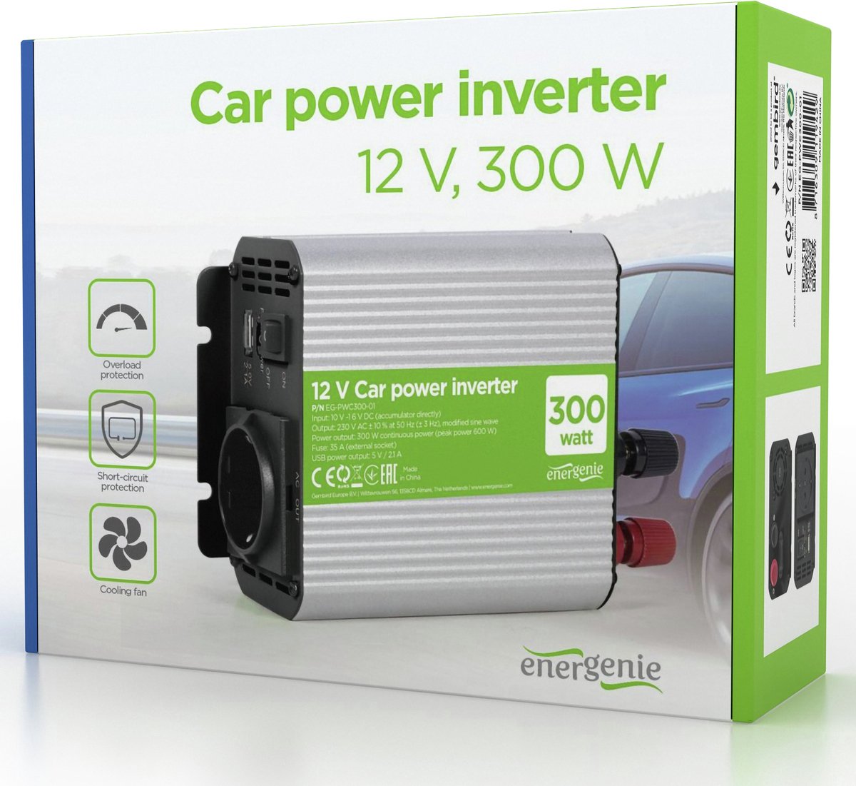 Energenie auto omvormer 12v > 220v - 300w - stopcontact + 1 usb - eg-pwc300-01