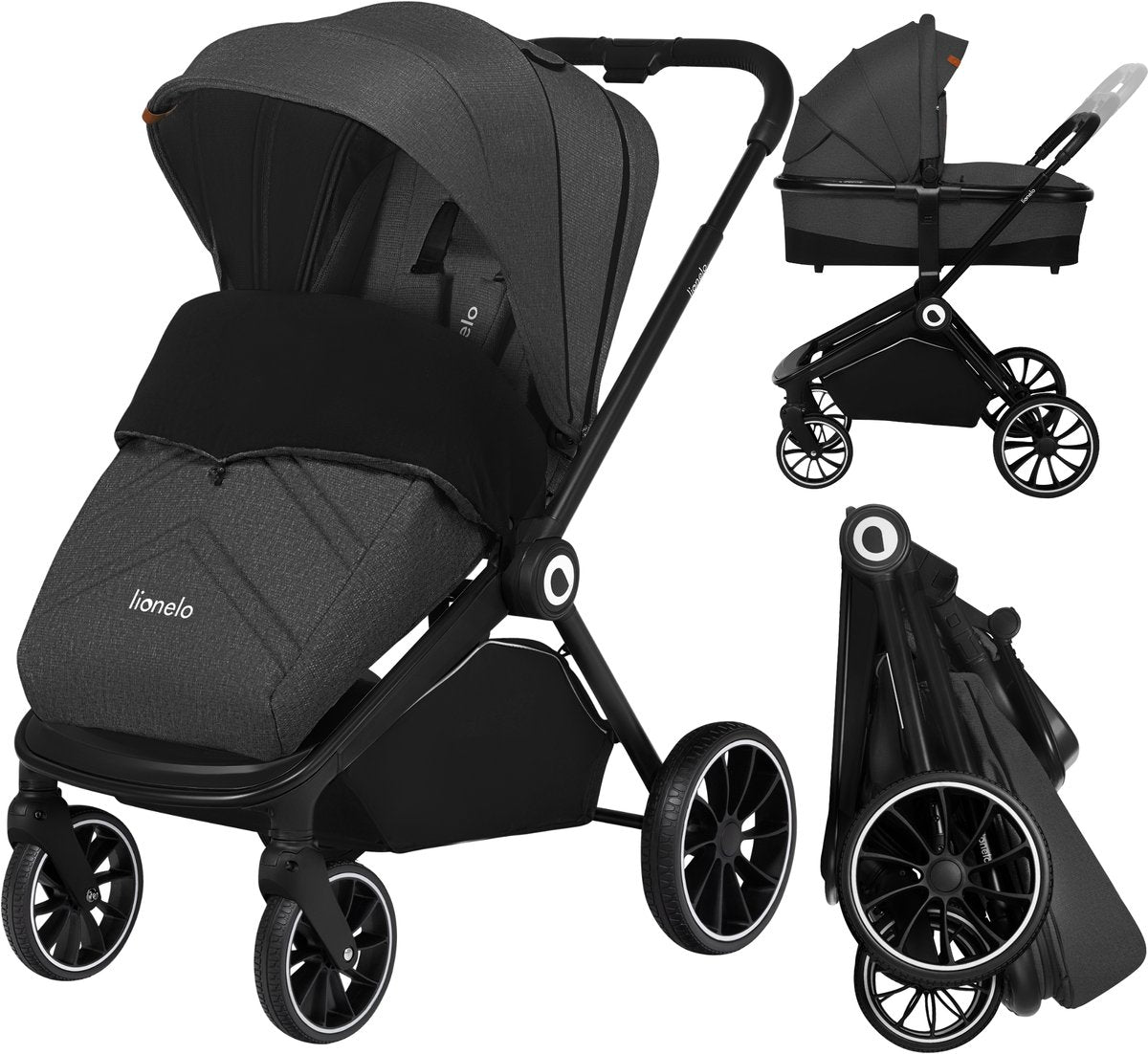 Poussette Lionelo Mika 2en1 - nacelle de poussette - siège réversible - pliable compacte avec siège - auvent imperméable XXL UPF50+ - repose-pieds dossier réglable - roues en PU avec suspension - y compris accessoires jusqu'à 22 kg