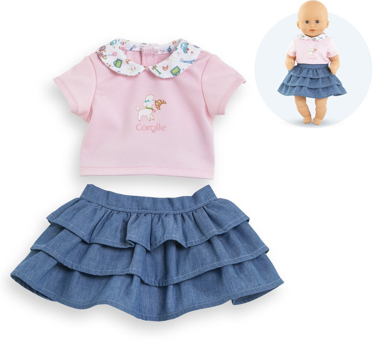 Jupe Corolle à volants et t-shirt pour poupée bébé, 30cm.