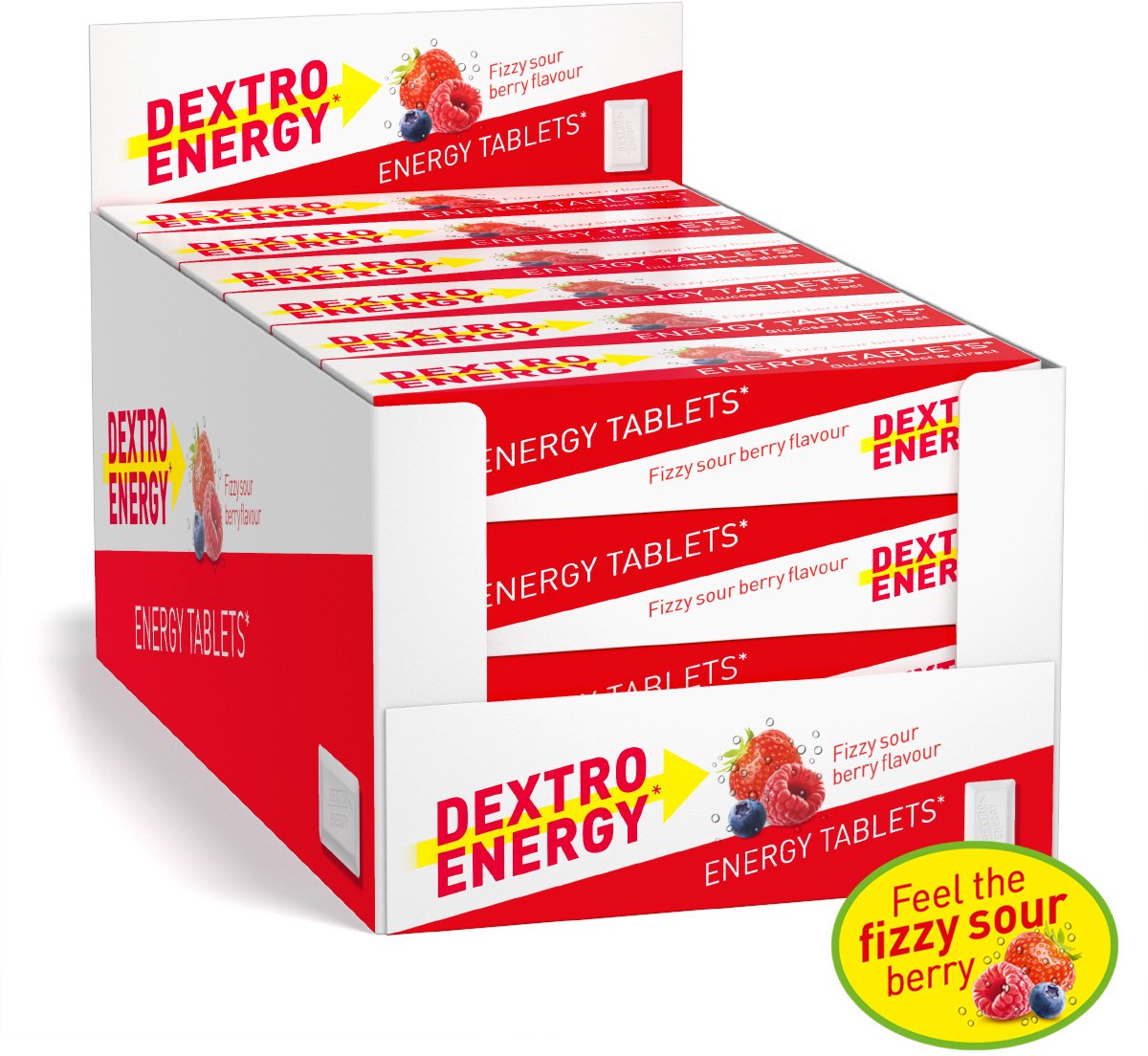 Dextro Energy Fizzy Sour Berry - 24 x 14 pièces - comprimés de sucre de raisin - dextrose - sucres rapides - acide supplémentaire + effet pétillant