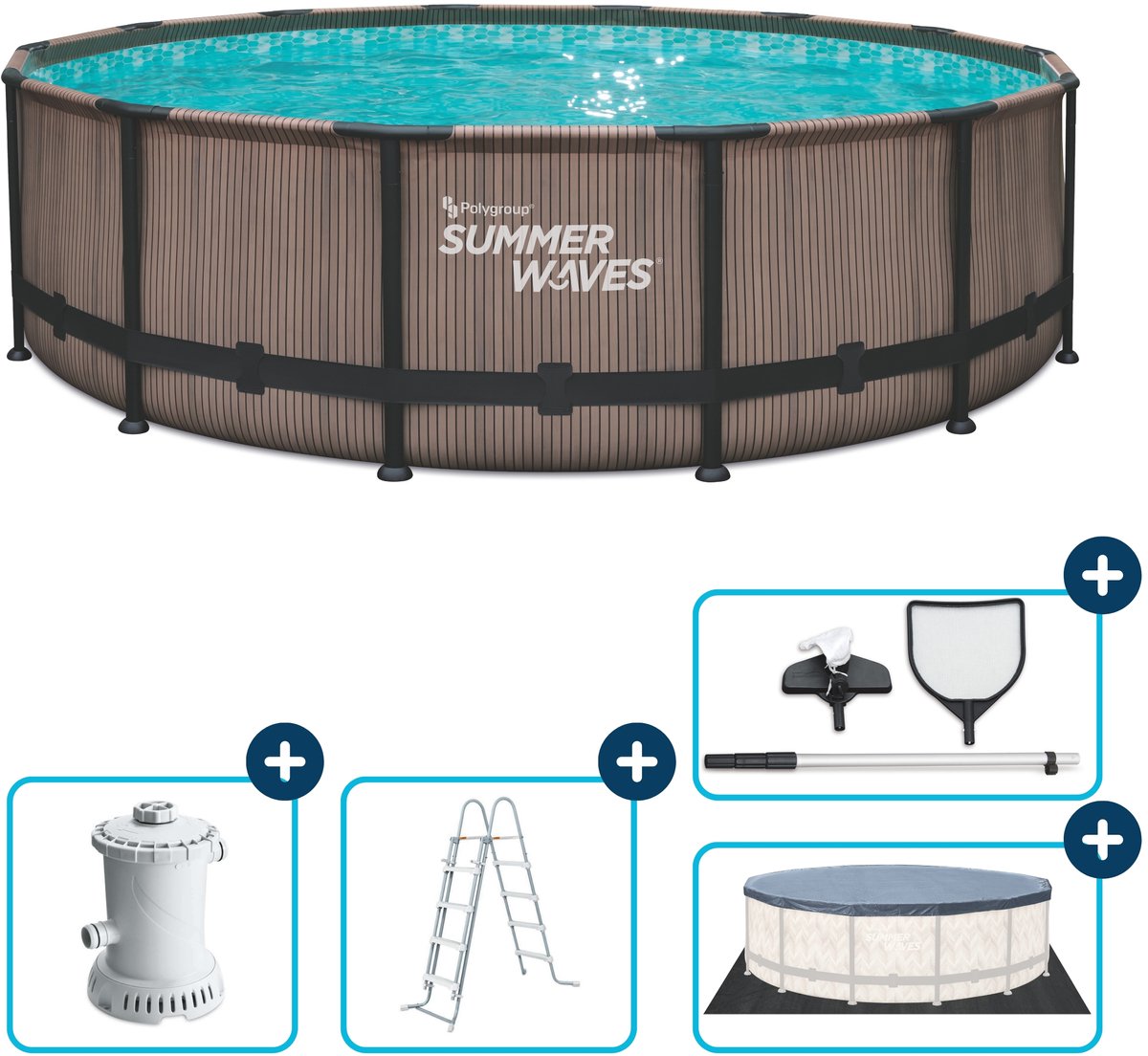 Piscine à cadre Summer Waves ronde - ⌀427 x 107 cm - piscines - avec pompe de filtration - pompe de piscine - cartouche filtrante - échelle - couverture - tapis de sol - kit d'entretien