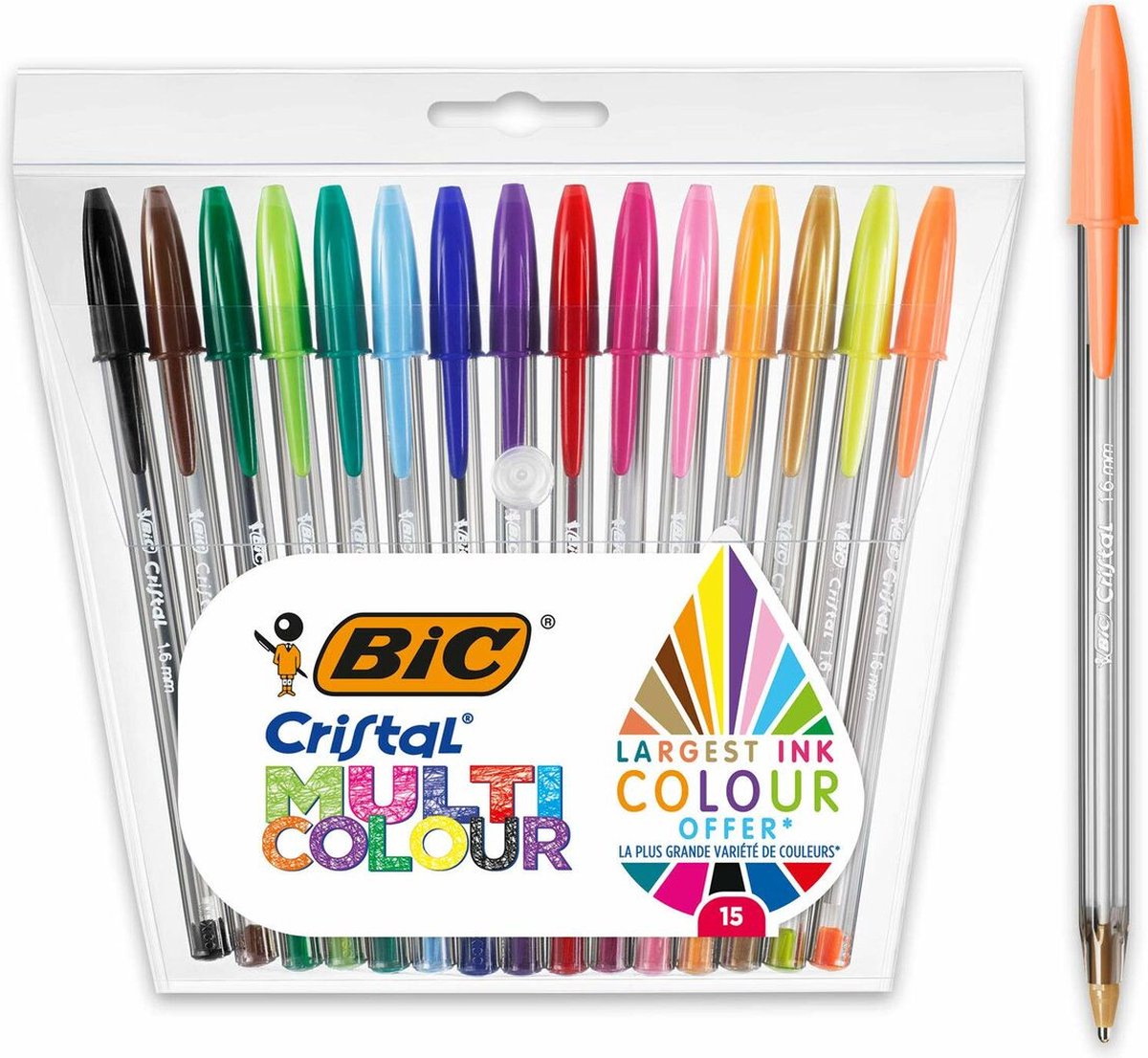 Stylos à bille multicolores Bic cristal pointe large (1,6 mm) - différentes couleurs - paquet de 15 pièces