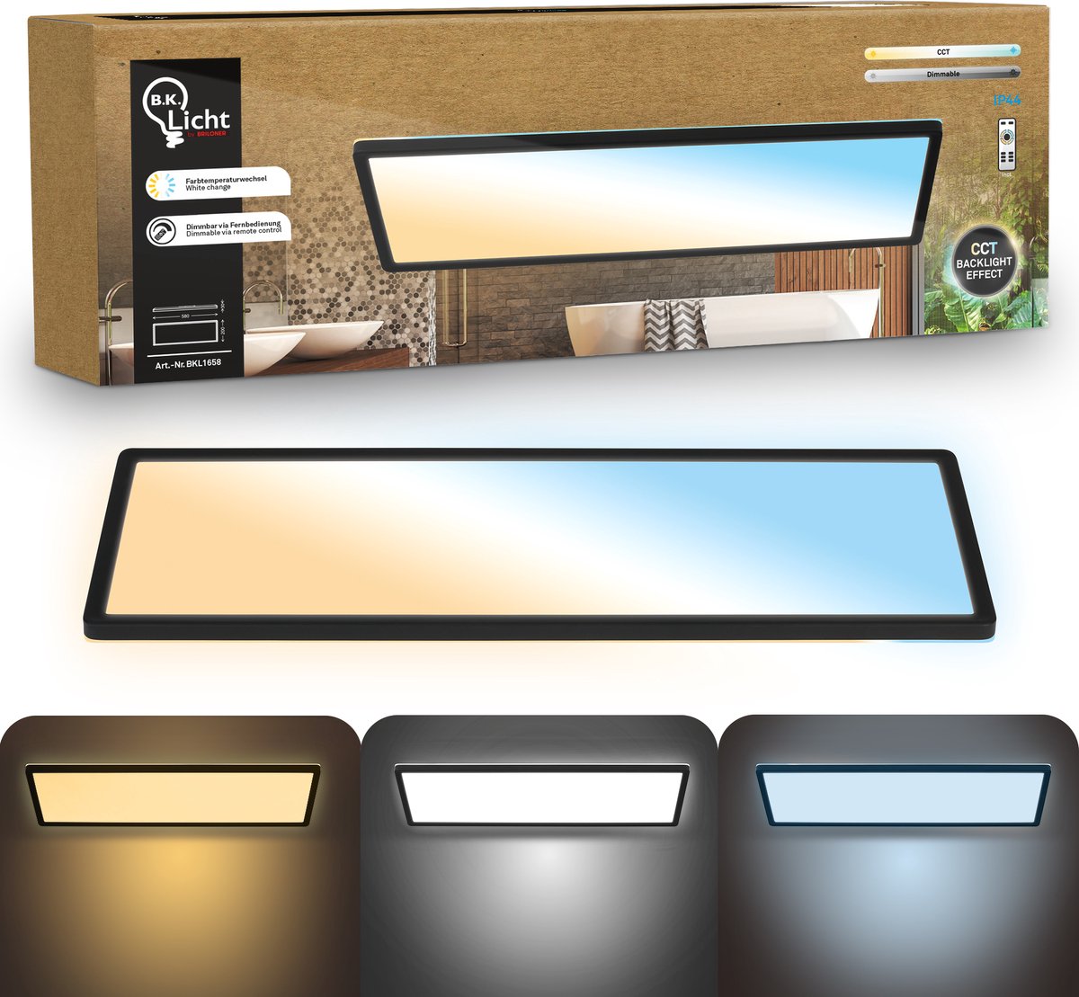 B.K.licht - plafonnier de salle de bain à intensité variable - plafonnier avec télécommande - éclairage de salle de bain avec CCT - ip44 - 58 x 20 cm - noir
